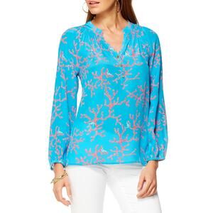 Lilly Pulitzer Elsa Coral Print Blue Long Sleeve Split Neck Silk Blouse Size XS
